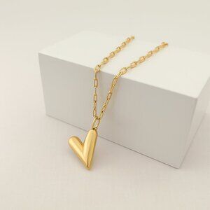 Gold Heart Pendant Necklace with Paperclip Chain | Modern Minimalist Jewelry